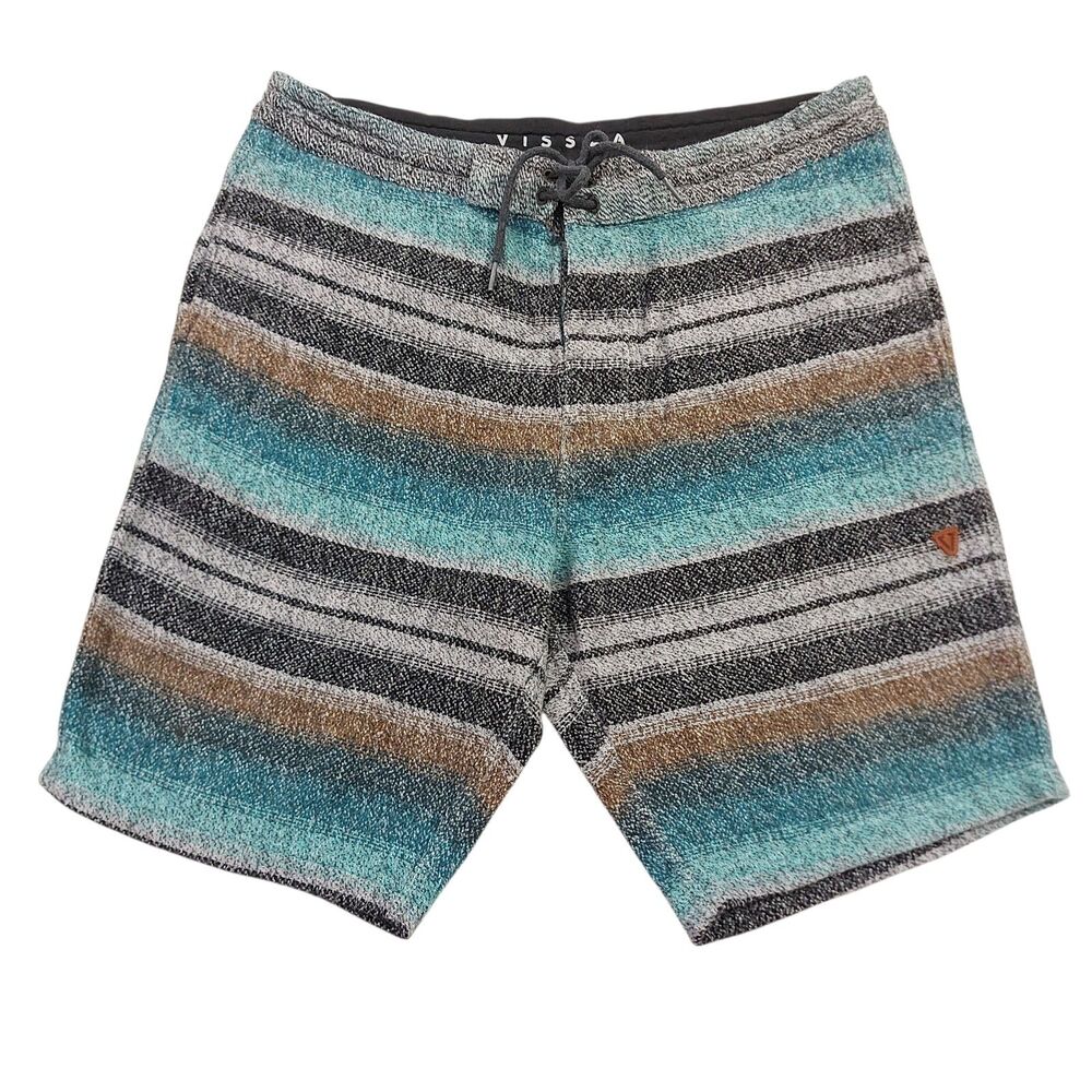 Vissla Sofa Surfer Shorts Mens Large Green Stripes Knitted Cotton Beach Casual